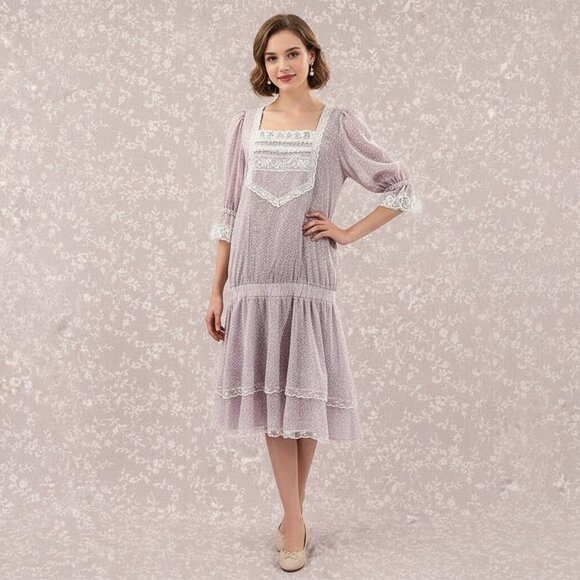 NWT Vintage 70s Gunne Sax Prairie Dress Lilac Ruffle Drop Waist Floral Crochet 9 - Picture 1 of 12